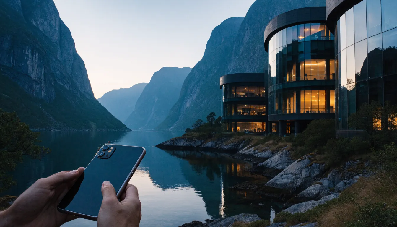 Person holder smarttelefon foran norsk fjord og offentlig bygning i skumring