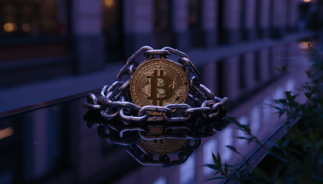 Fysisk Bitcoin-symbol pakket inn i tunge metallkjeder på mørk overflate